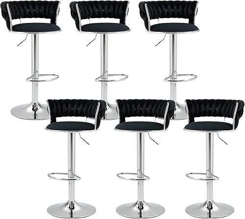 Miniatura 8 de Juego de 2 taburetes de bar giratorios de terciopelo, modernos taburetes de bar ajustables con respaldo tejido, taburete de bar de altura de Negro