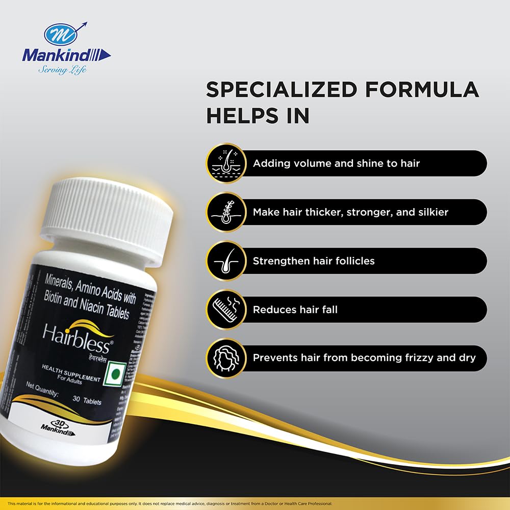 Mankind HairBless Hair Supplement | with Biotin and Niacin | Gluten Free | Amino Acid, Minerals and Vitamins | Enriched with L-Cystiene | 30 Tablets — Amazon image 4