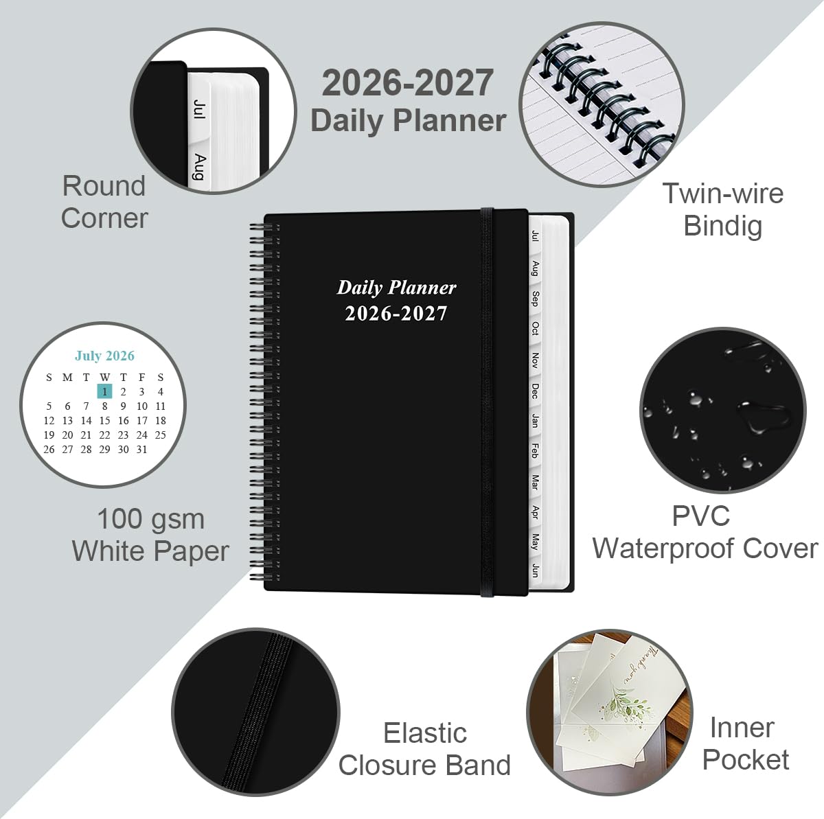 Agenda giornaliera 2026 con pagina intera al giorno - Agenda giornaliera e mensile 2026 da gennaio 2026 a dicembre 2026, planner giornaliero 2026 con 12 mesi di tabelle, 21,6 x 27,9 cm, nero