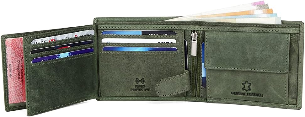 Open WILDHORN wallet interior with cards, cash, ID, and RFID PROTECTED logo
