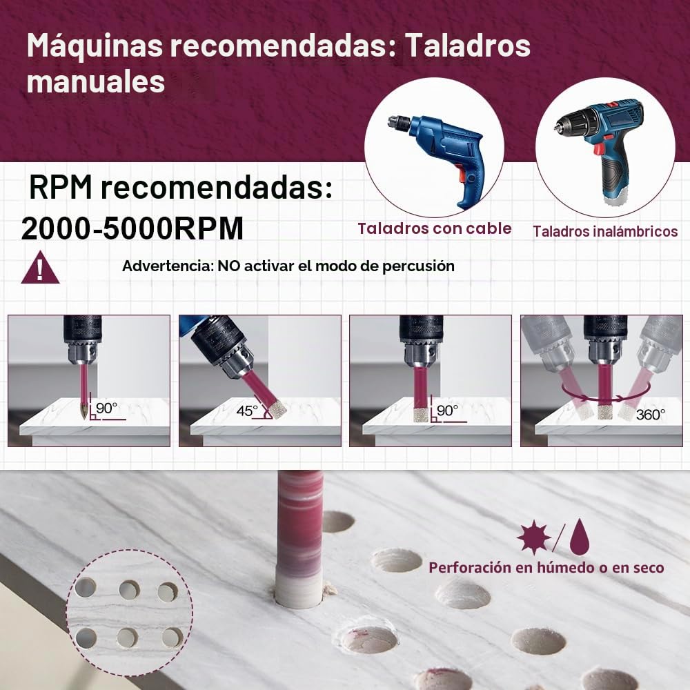 Brocas de Diamante 11 Piezas - 9 Coronas 6/6/8/20/25/35/45/50/65mm, 1 Broca de Carburo 6mm, 1 Fresa Biselado 50mm para Cerámica, Porcelánico, Azulejos, Mármol y Granito