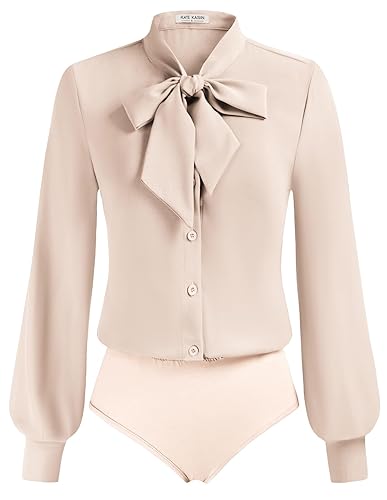 Kate Kasin Women Bow Tie Neck Office Blouse Button Down Long Sleeve Bodysuits Blouse Top - Large - Almond