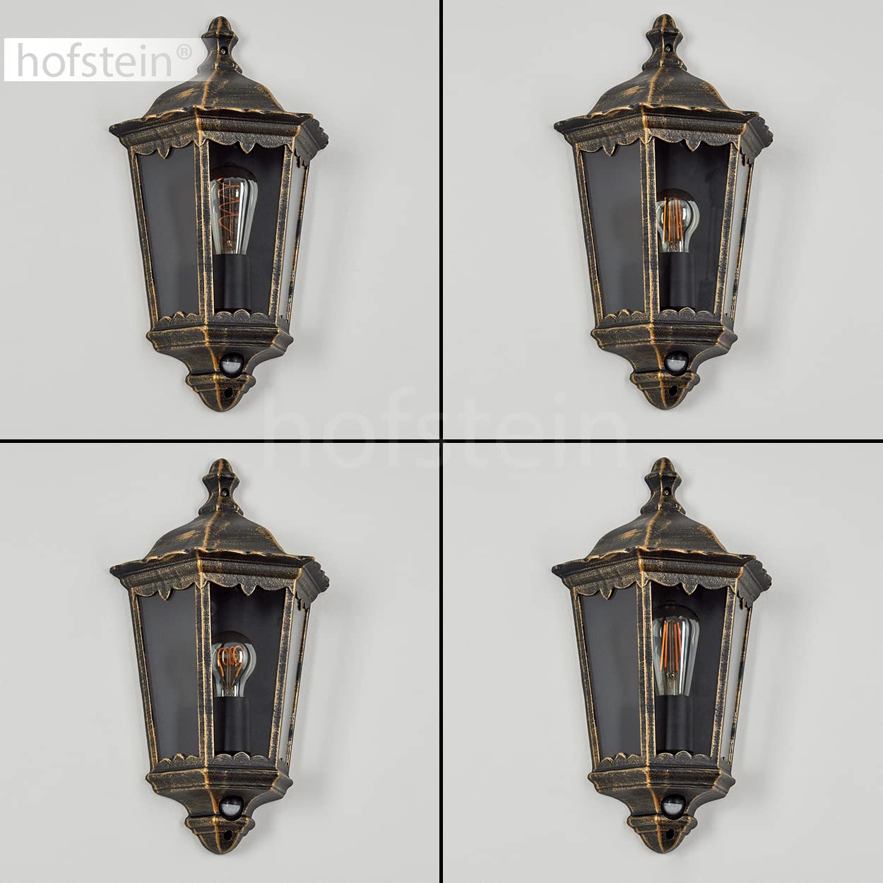 HOFSTEIN Außenwandleuchte Hongkong, Außenwandlampe mit Bewegungsmelder aus Metall/Glas in Braun-Gold/Klar, Wandleuchte Up im Retro/Vintage-Design, E27, IP44, Eingangsbereich, Terrasse, Haustür, Hof