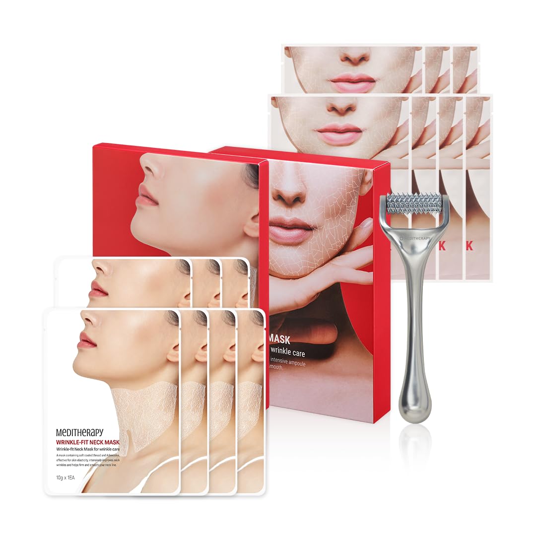 MEDITHERAPY Wrinkle-fit Neck Mask & Wrinkle-fit Face Mask + Facial Roller - Neck Wrinkle Patches, Neck Firming and Tightening Korean Deep Collagen Mask - Mesh Sheet Mask for Lifting Sagging Skin