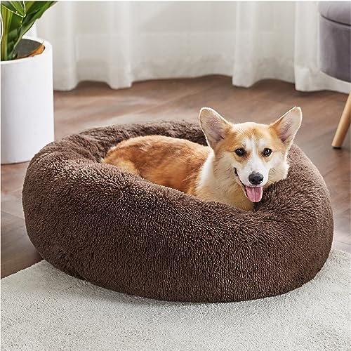 Image of Bedsure Calming Dog Bed Medium Size Dog Donut Washable Pet Bed,30ins Coffee | Fluffy Faux Fur Round Cuddler,Machine Washable,Anti-Slip Bottom,Anti-Anxiety,Deep Sleeping for Pets Up to 45 Lbs