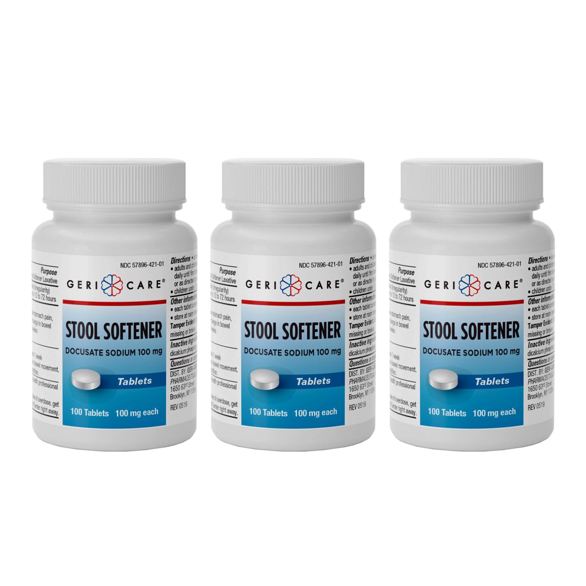 GeriCare Docusate Sodium Stool Softeners, Best Stool Softener for Daily use for Women, Men, and Elderly - Ideal for Constipation Relief 100mg Crushable Tablets. (100 Count) Made in the USA (Pack of 3)