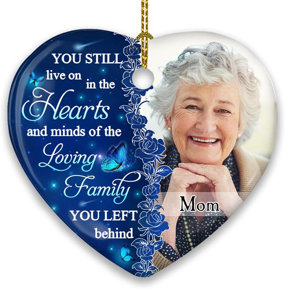 WRAPPINESS Memorial Gifts for Loss of Mother Father, Personalized Memorial Christmas Ornament, Sympathy Gift with Custom Photos Memorial Ornaments for Loss of Loved One Hearts and Minds (Blue)