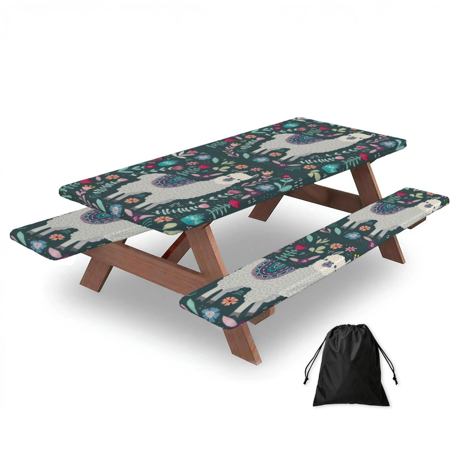 Zyjhyy Black Cute Llama Floral Print 3 Pack Wipeable Picnic Bench Cover And Table Cover Lightweight Table Cloth For Camping Outdoor