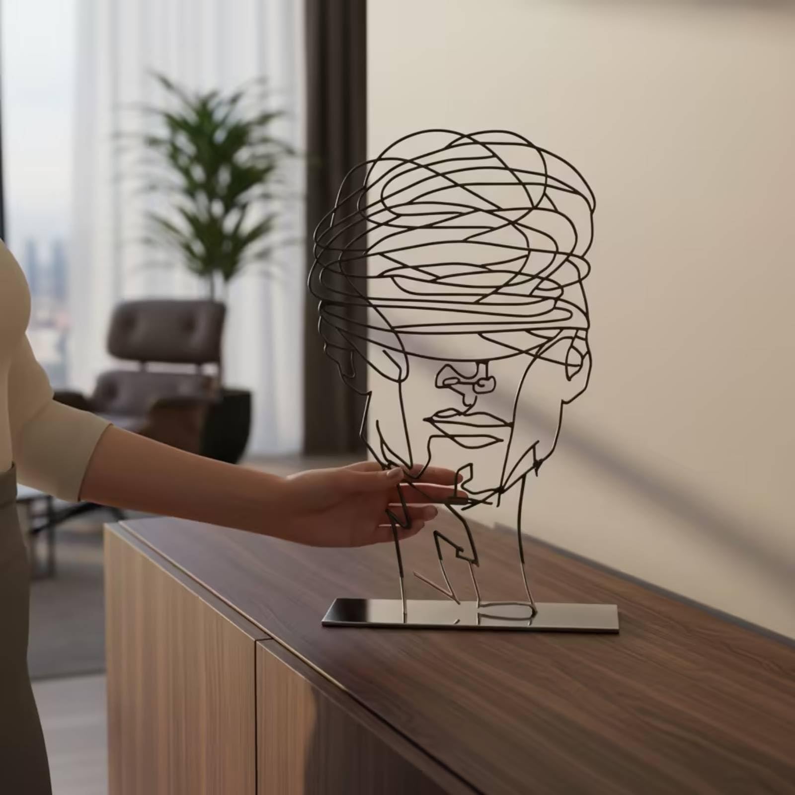 Scultura in Metallo Stilizzato Decorazione a Forma di Artistico Statua con Base Rettangolare per Degli Appassionati D'arte, Soggiorno