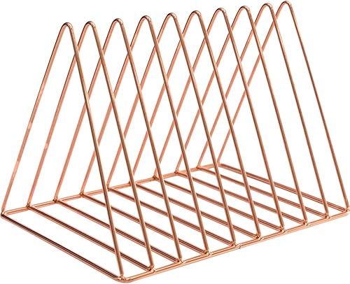 Miniatura 6 de Sooyee Paquete de 2 revisteros de 9 ranuras de oro rosa, organizador clasificador de archivos de escritorio, decoración de estantería triangular,