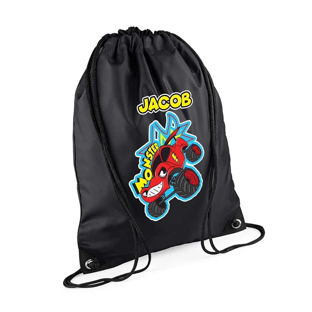 Personalised Funny Monster Truck Gift for Kids-Boys Toddlers Birthday Gift Back To School Drawstring Bag, PE Gym Kit, Swimming Rucksack. (Black Front)