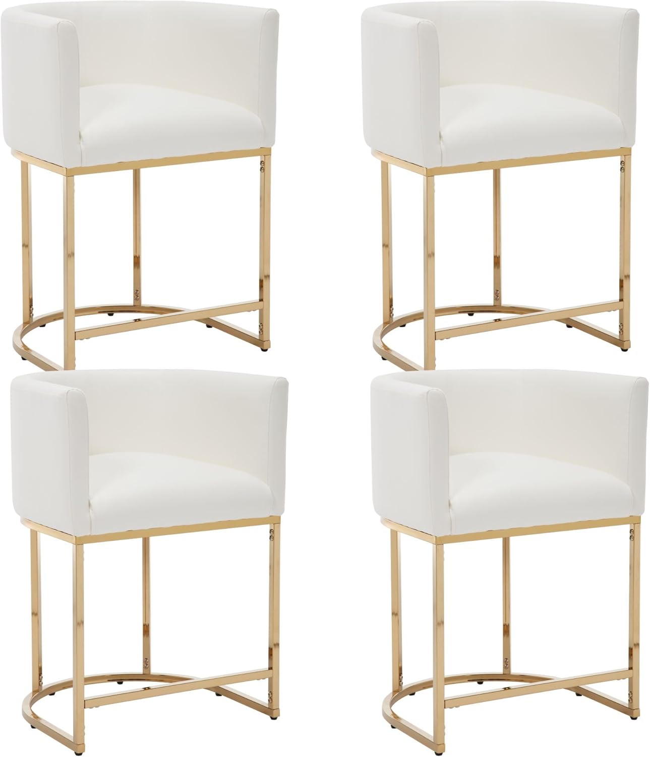Wahson Set of 4 Faux Leather Upholstered Barrel Counter Height Barstools, 24" H Modern Fabric Bucket Bar Chair Stools for Kitchen Island, with Golden Metal Tubular Frame, White