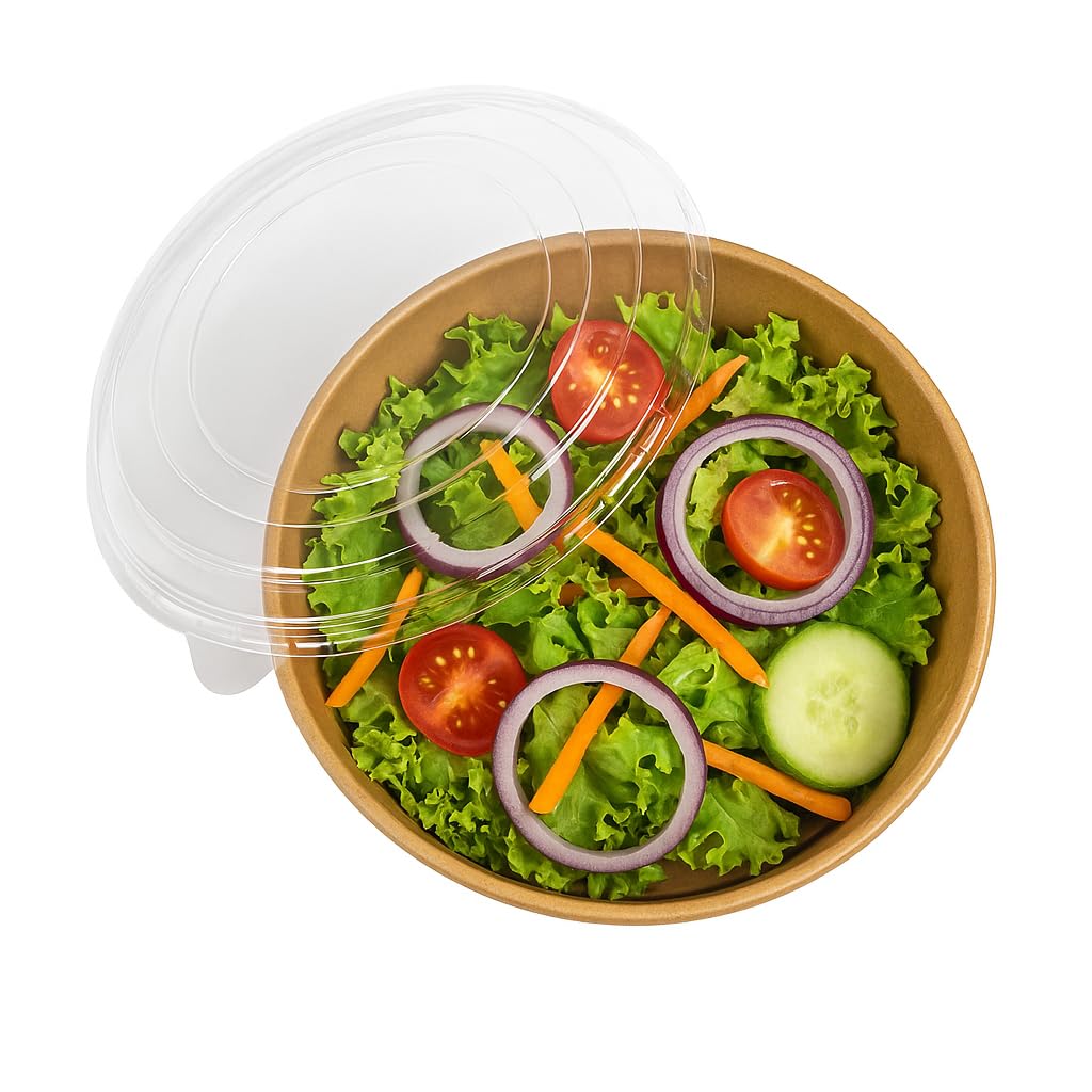 200 Ensaladeras Kraft 750 ml con Tapa PET Transparente, Envases Resistentes para Ensaladas, Pasta y Take Away, Aptas para Microondas