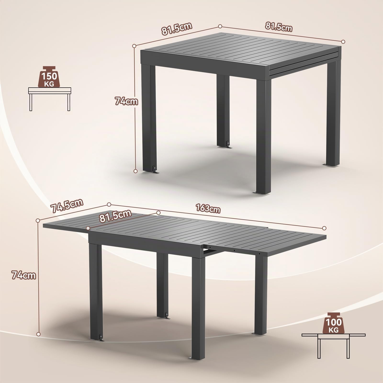 JUMMICO Tavolo da Pranzo Estendibile 80 X 80 X 75 Cm, Tavolo da Balcone Allungabile in Alluminio, Resistente alle Intemperie, Allungabile Fino a 160, Gambe Regolabili