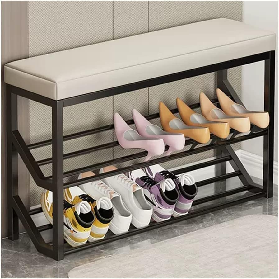 Banc à chaussures industriel en métal noir et marron de 80 x 20 x 48 cm pour entrée
