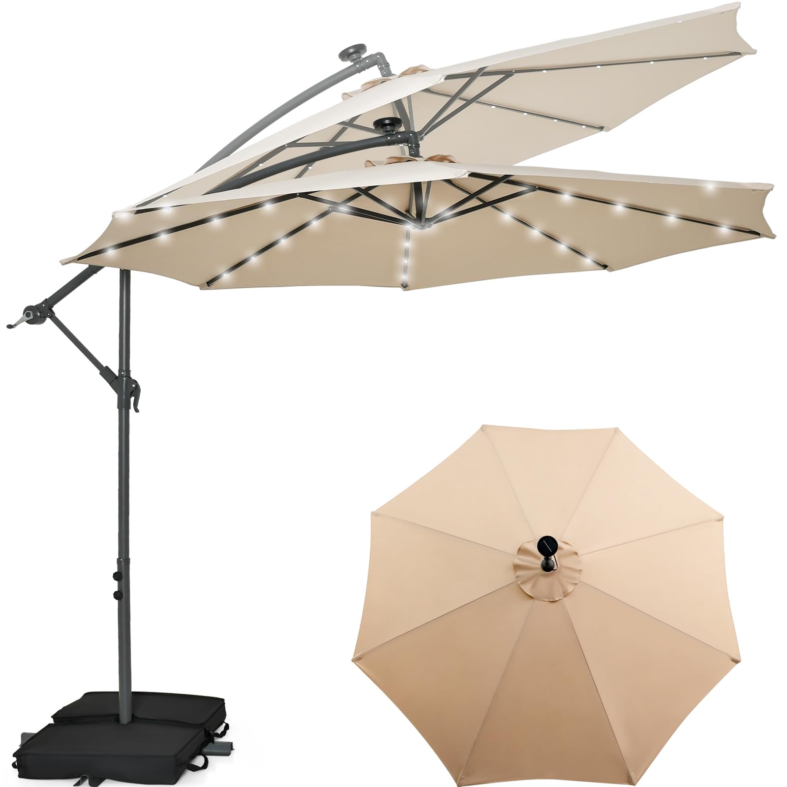 KOMFOTTEU Ombrellone da Giardino con LED e Pannello Solare, Ombrellone Parasole con Sacchi di Sabbia, Anti UV, Impermeabile, Regolabile ad Angolo, Ombrellone da Giardino 3x3 con Manovella