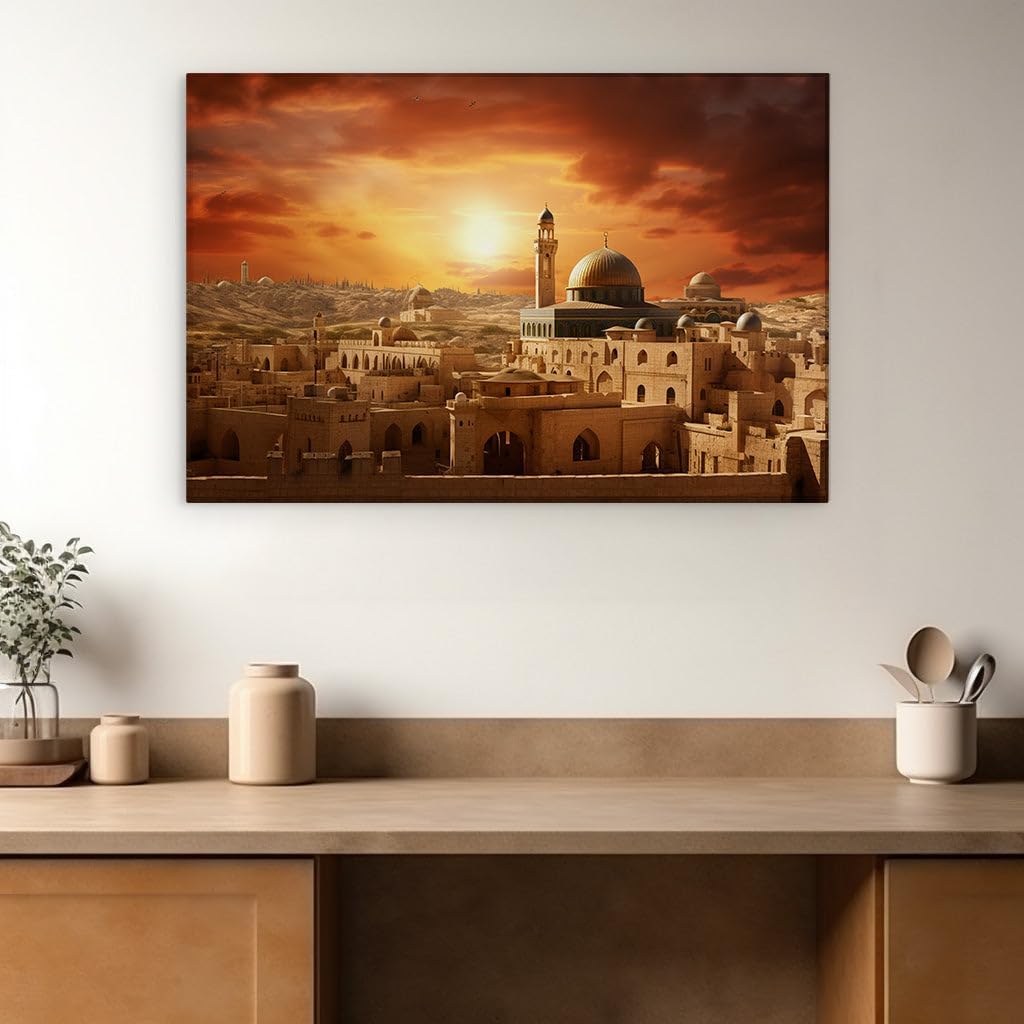 Canvas for Living room. Desert Mirage: A Majestic Ancient City and its Timeless Mosque at Sundown, 27 x 18 inch Canvas Wall Art - Modern Home Decor