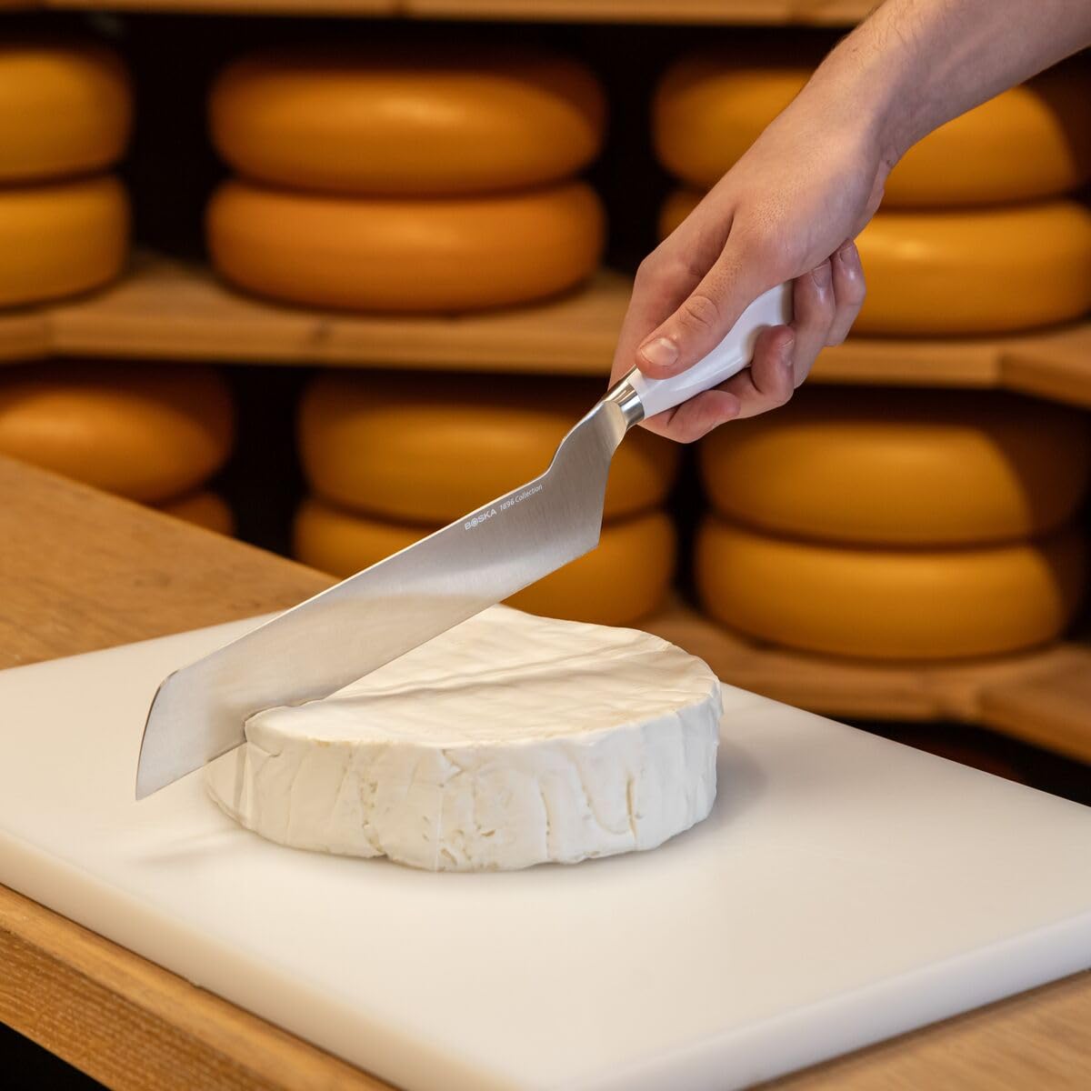 BOSKA Couteau à Fromage Professionnel – Pour fromages à croûte fleurie – Lame 210 mm – Manche Blanc – Code couleur HACCP – Collection 1896