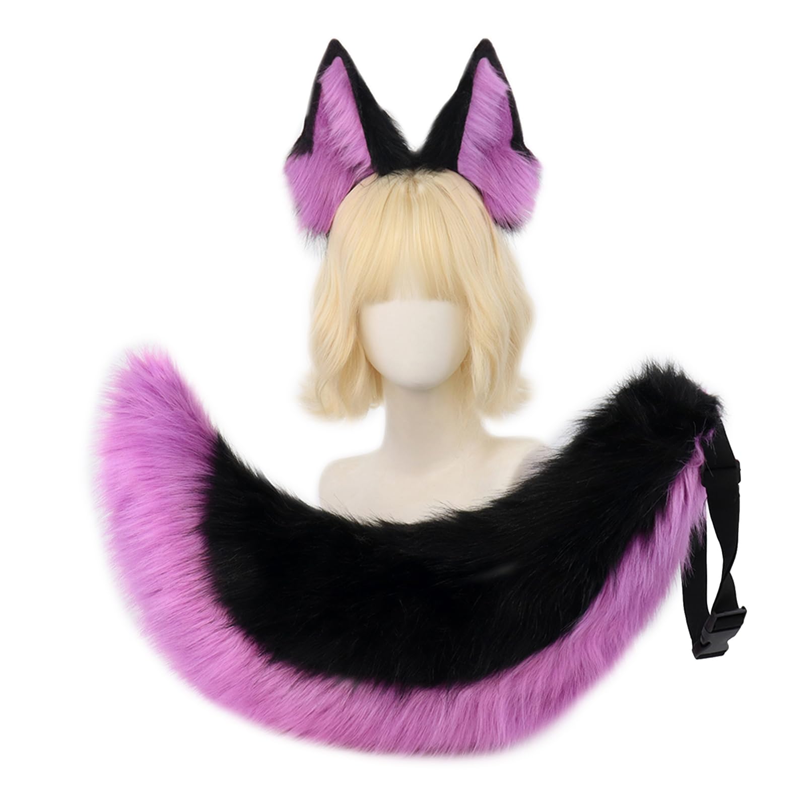Faux Fur Wolf Ears Headband & Furry Tail Set Realistic Wolf Costume Accessories for Halloween, Cosplay,Parties: Medium Purpleblack