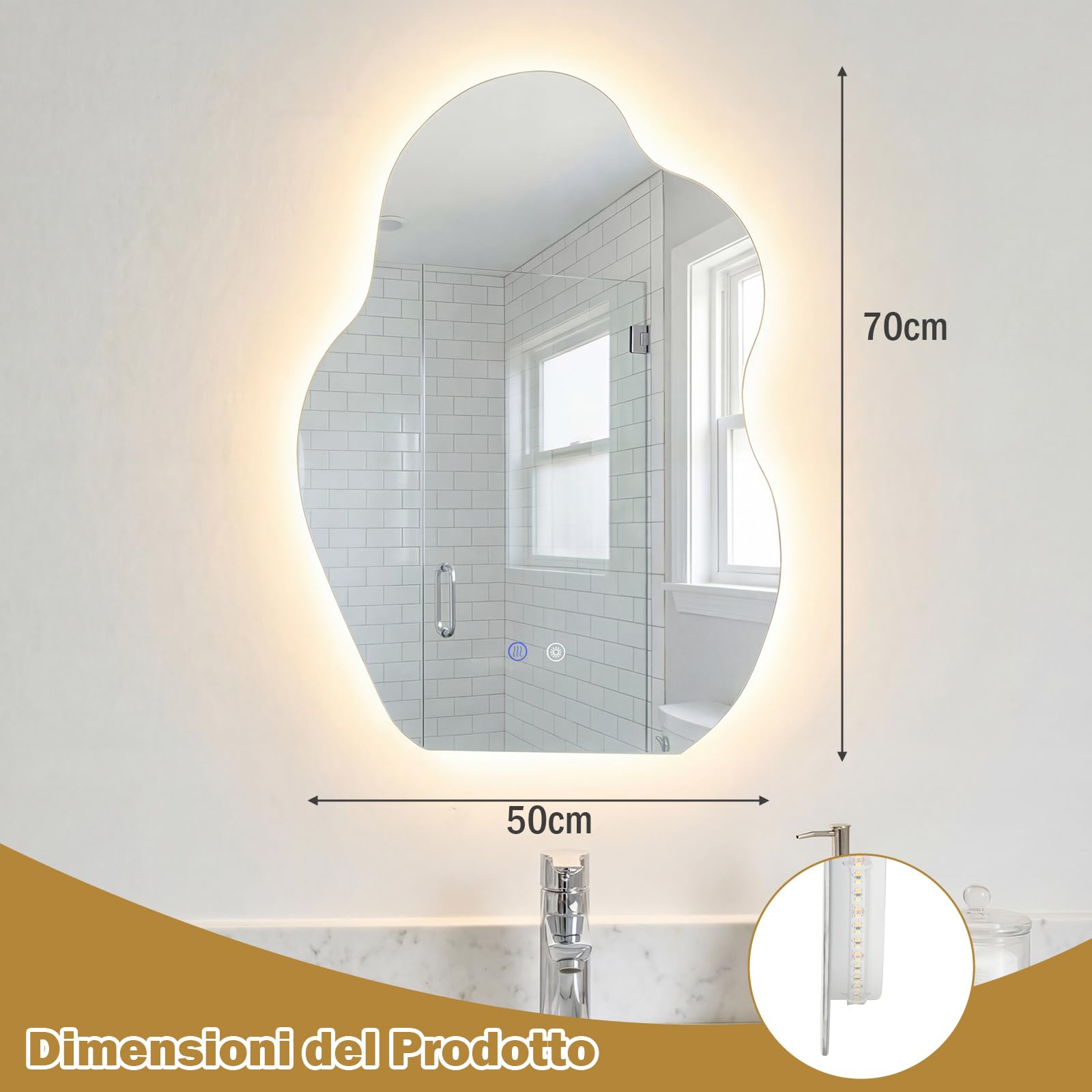 COSTWAY Specchio Irregolare Bagno con Luce 70 x 50 cm, Specchio Retroilluminato Bagno LED con Antiappannamento, Dimmerabile, 3 Colori Luce, Funzione Memoria, IP44, HD Vetro Temperato