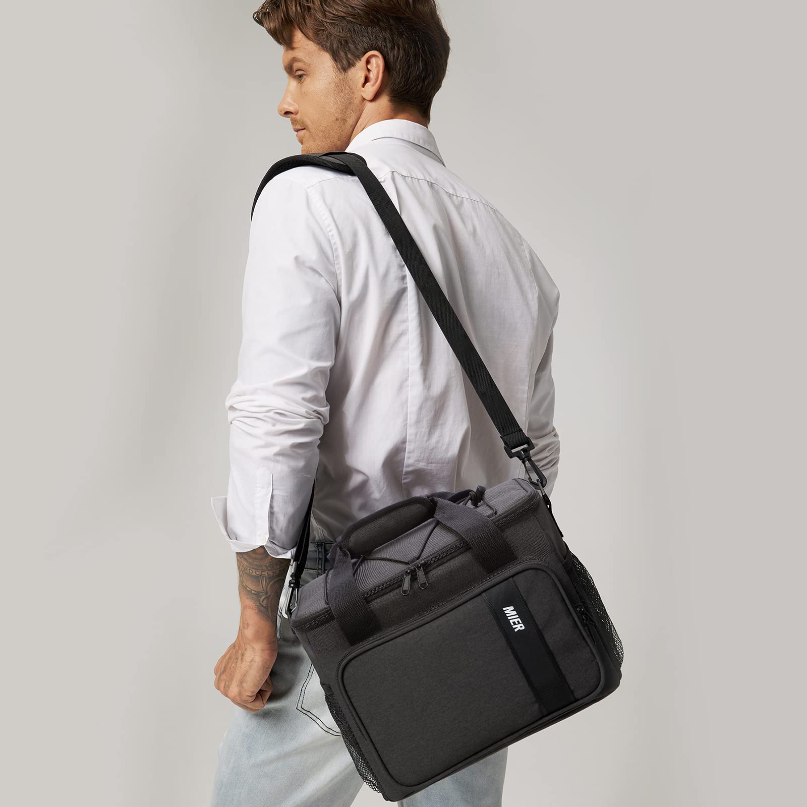 MIER Borsa termica termica per uomini e donne, 24 lattine di grandi dimensioni, borsa per il pranzo a prova di perdite, borsa frigo per il lavoro, i viaggi, il picnic, grigio scuro
