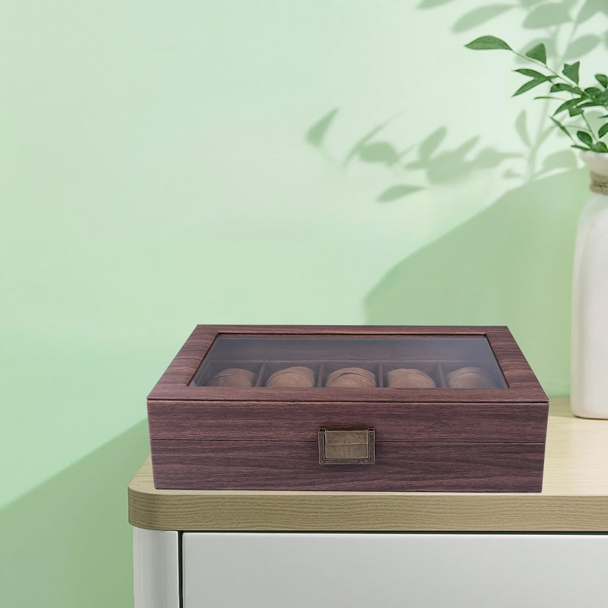 Scatola Porta Orologi in Pelle Pu e Legno 10 Scomparti Separati, Copertura Trasparente in Vetro, Organizer Elegante per Orologi e Gioielli Adatto a Uso Personale