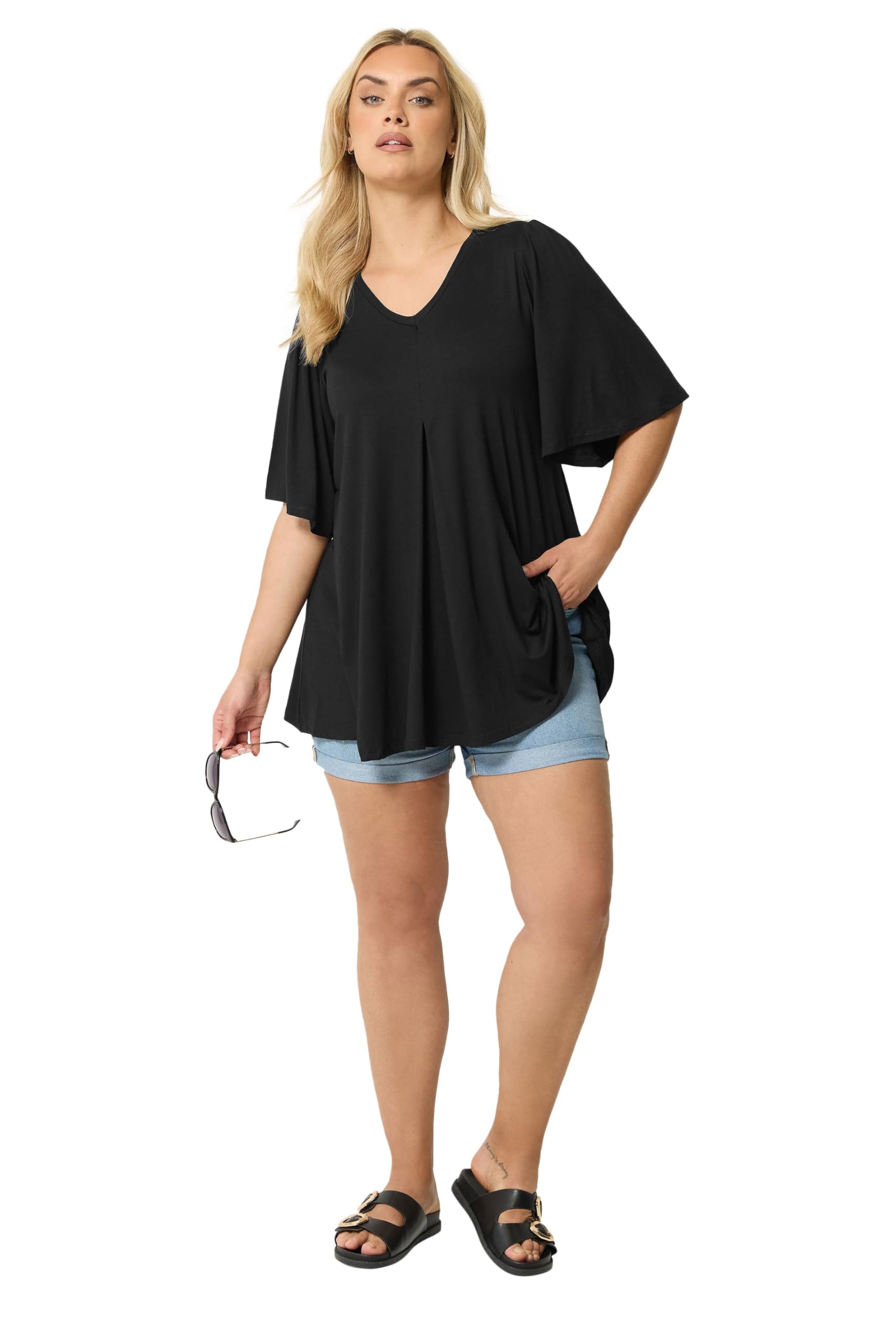 Yours Pleat Swing Angel Sleeve. Black, Black, Size 16, Women
