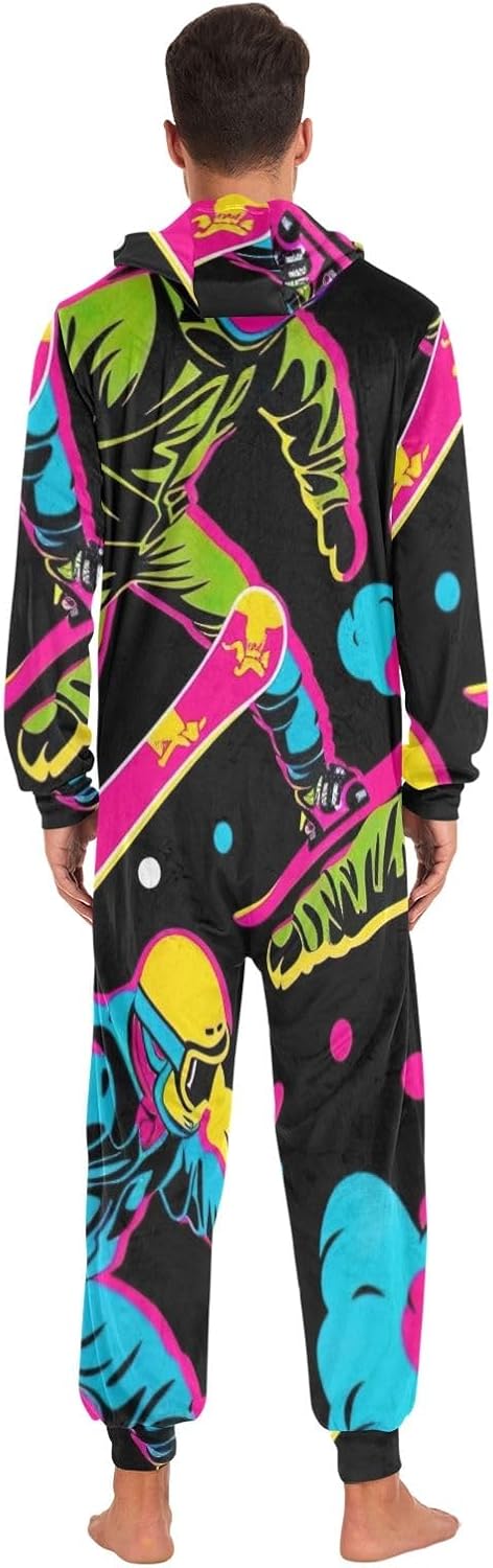 GAIREG Colorful Ski Adult Onesie Pajamas Warm Plush One Piece Jumpsuit with Hood for Men Women Christmas Loungewear