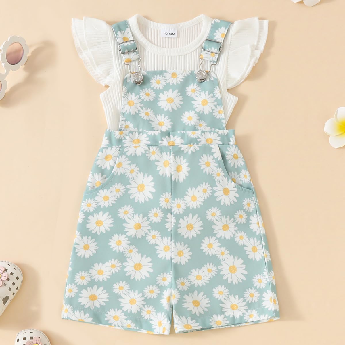 Conjunto Ropa de Verano para Bebé Niña Top de Canalé con Volantes+ Estampado de Margaritas Pantalones Cortos con Peto Bretelles Adorable Infantil Trajes - 3