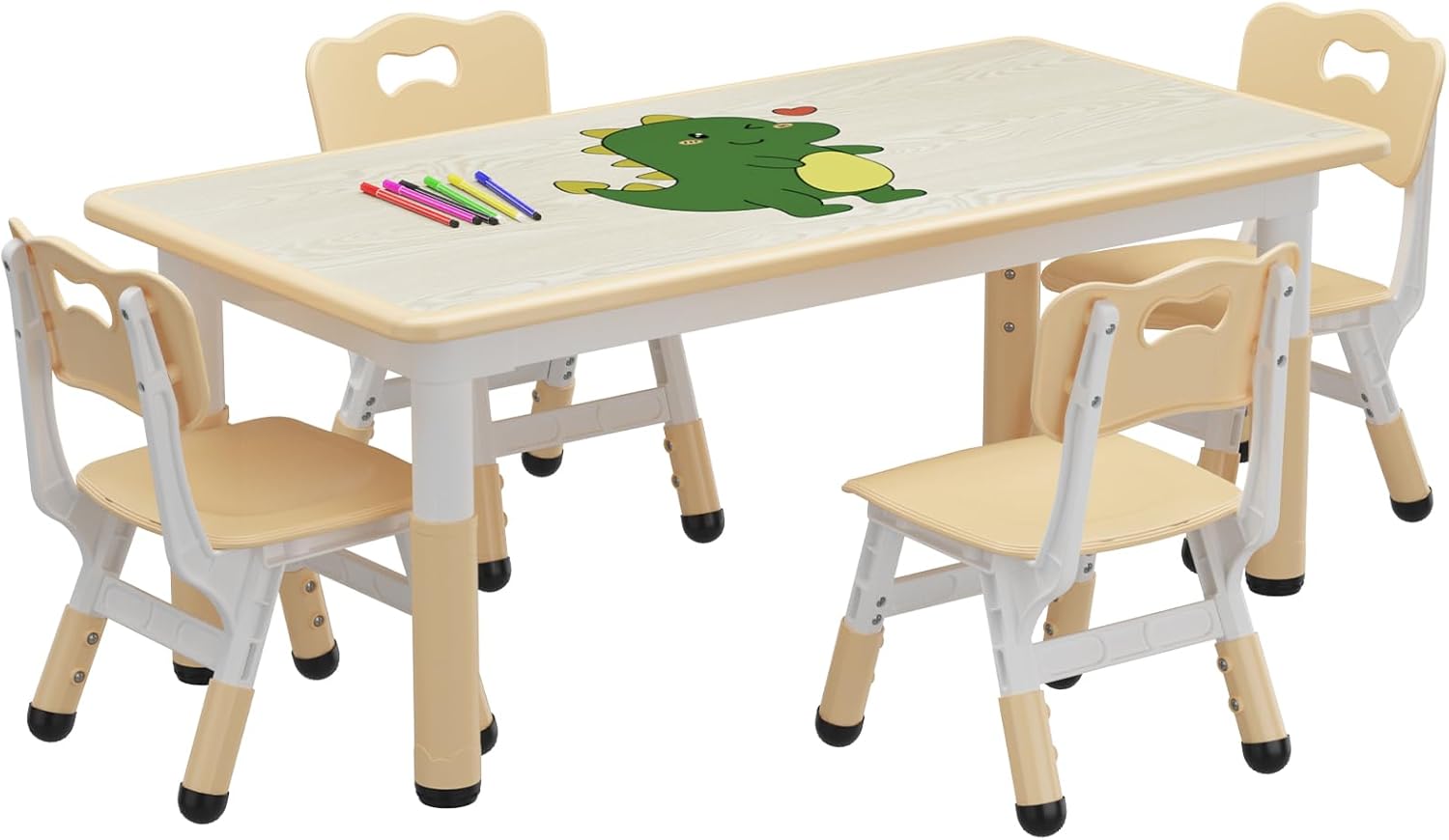 Kids Table and Chair Set, Height Adjustable Toddler Table and 4 Chairs Set for Ages 2-10, Graffiti Desktop, Non-Slip Legs, Arts & Crafts Table, Children Activity Table for Daycare Classroom Home Beige