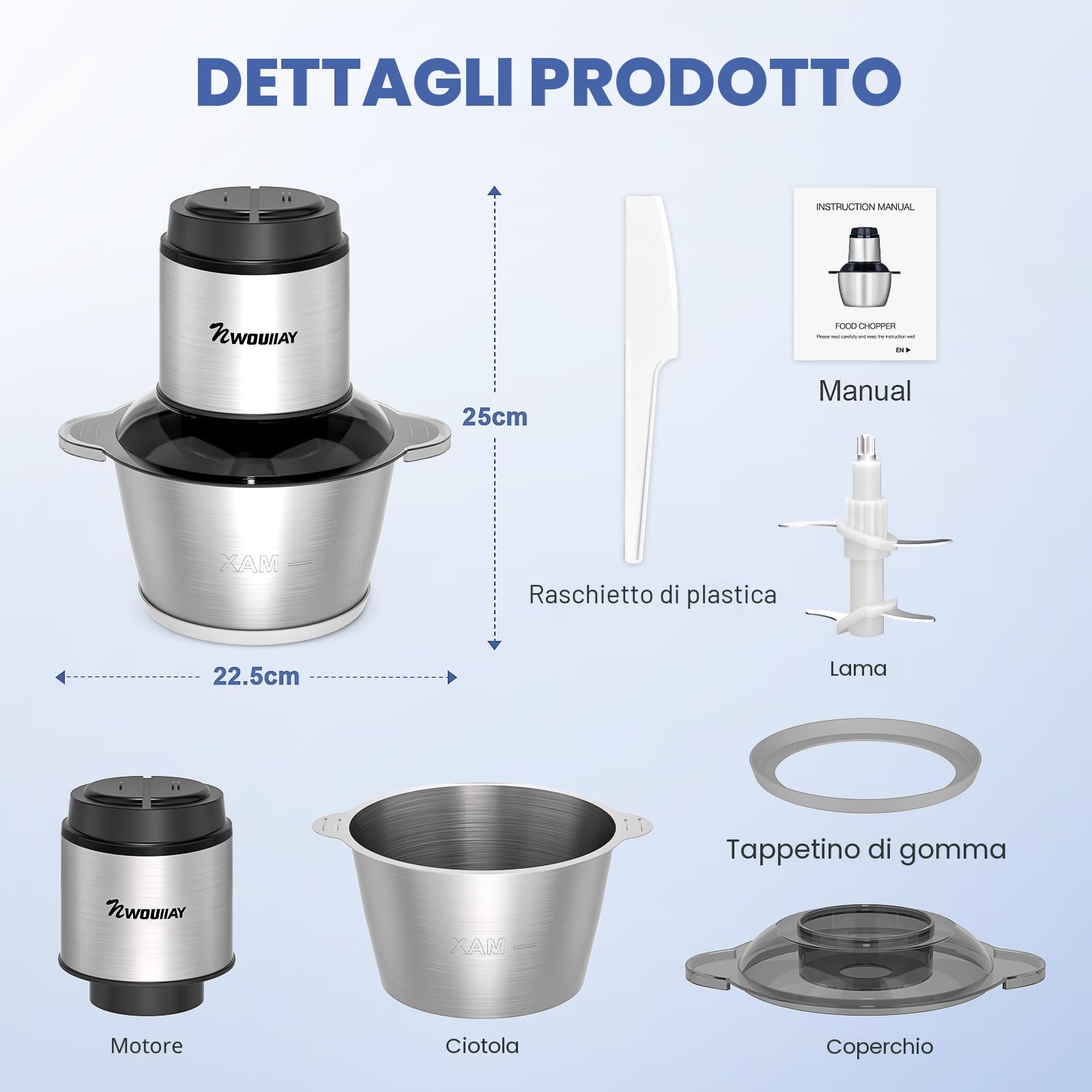 Tritatutto da Cucina Elettrico 300W, Frullatore Tritatutto Multifunzionale 2L e 2 Velocità, Tritatutto Elettrico con 4 Lame Ciotola in Acciaio, Robot da Cucina per Carne Verdura e Frutta