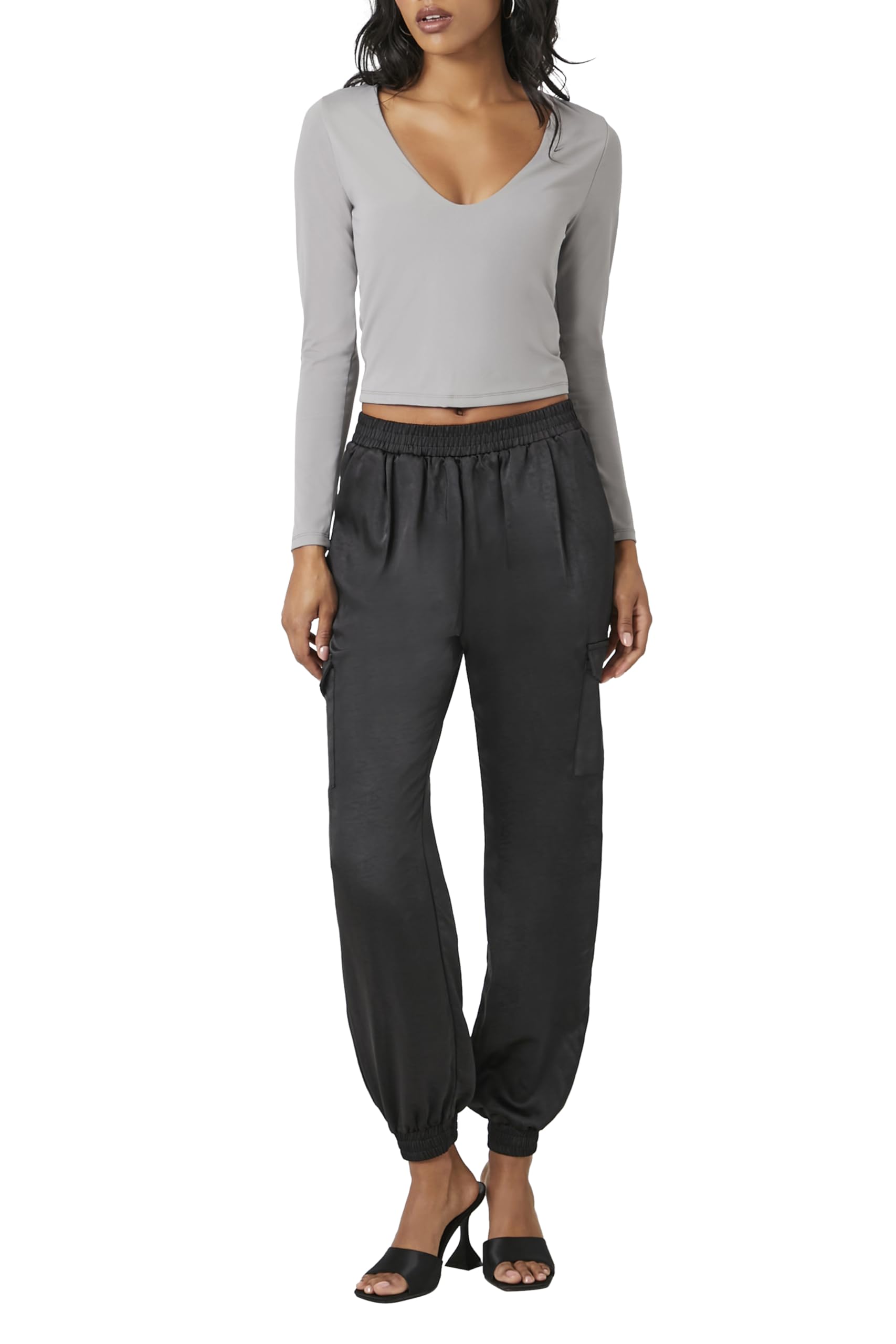 Forever 21 Satin High-Rise Joggers Pantaloni, Nero, S Donna