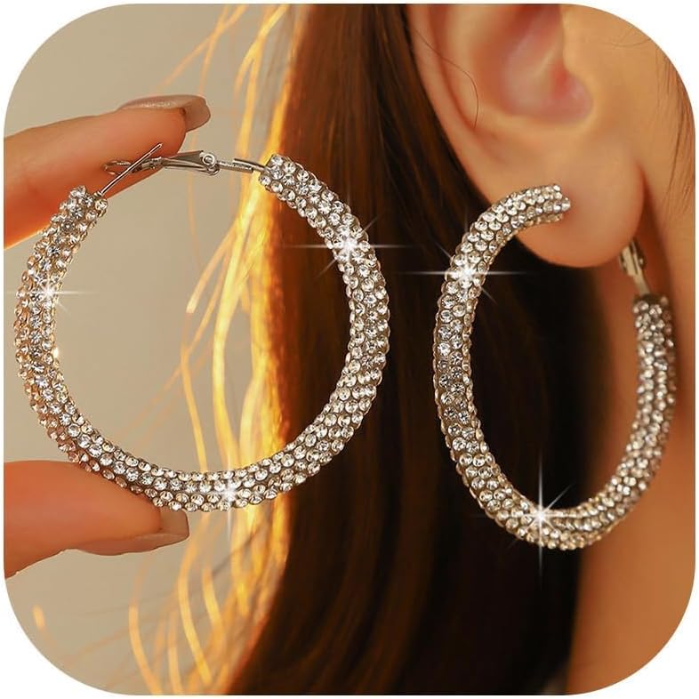Rhinestone Hoop Earrings for Women Large Sparkly Hoops Earrings Statement Jewelry Prom Wedding Jewelry for Women