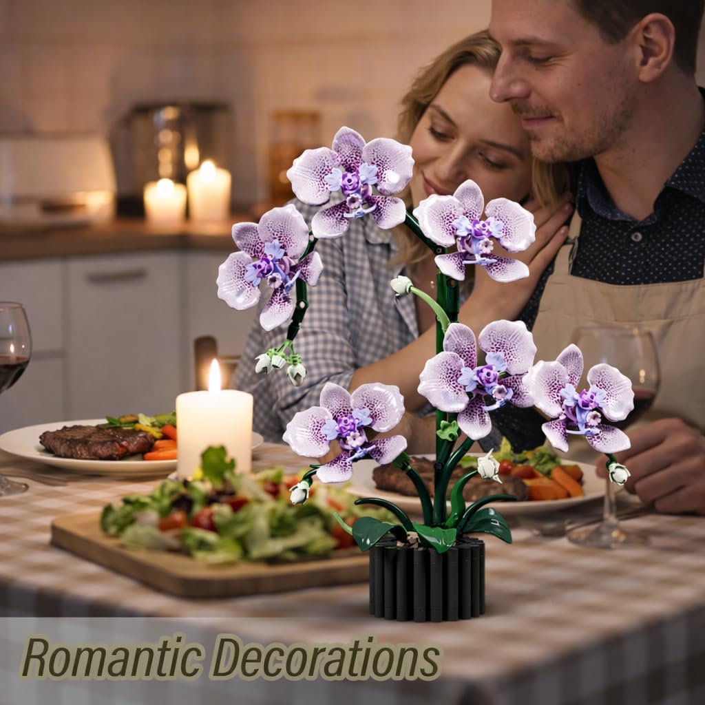 Purple Orchid Building Block Set with Vase 619 Pcs, Phalaenopsis Floral Model Kits, Compatible with Lego Flowers for Mother's Day, Anniversary, Birthday for Adults & Teens Ages14+