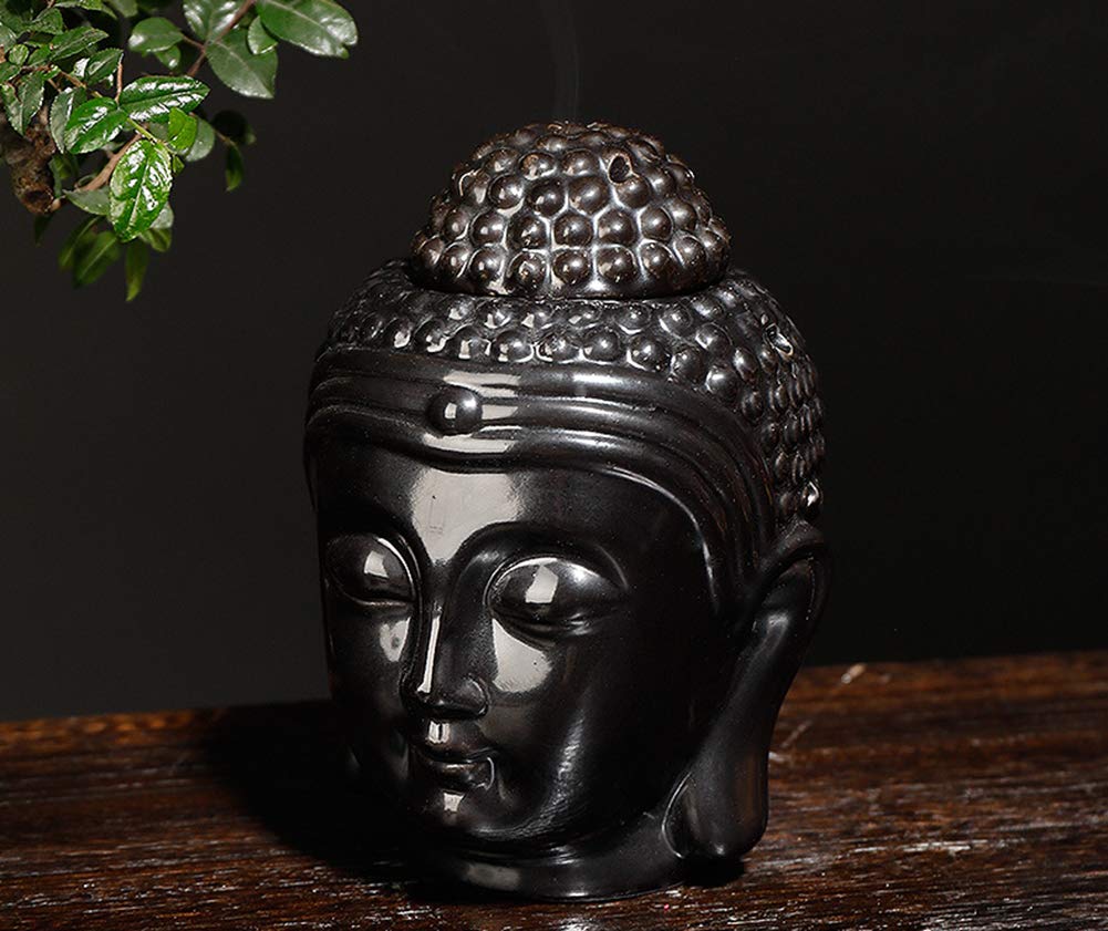 Buddha Head Ceramic Hollow Aromatherapy Oven Oil Candle Burner for Yoga or Meditation Room (Black) - Image 3