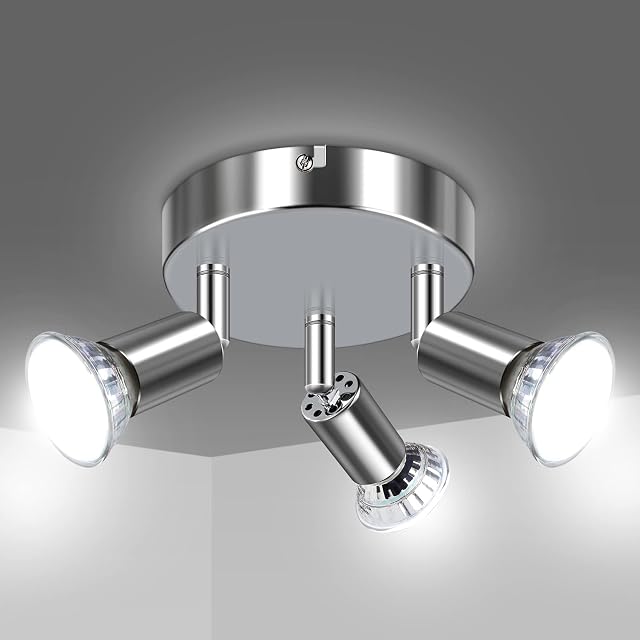 Uchrolls LED Ceiling Light Rotatable,3 Way Swiveling Round Plate Spotlight for Kitchen, Living Room and Bedroom, Complete with 3X 4W GU10 LED Light Bulbs (450LM, Cool White)- White Chrome