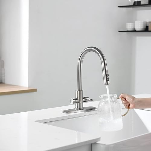 Miniatura 8 de PB1047 - Grifo de fregadero de cocina, grifo de fregadero de 2 asas, grifo de cocina extraíble, grifo con rociador, grifo de barra, acero