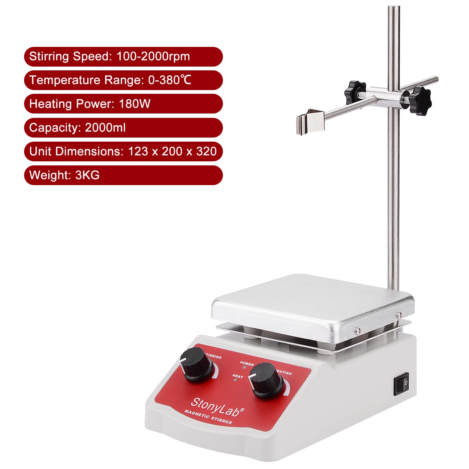 stonylab Agitatore Magnetico con Piastra Riscaldante, Temp. Superficiale Max 380 °C, Capacità 2000 ml, 100-2000 RPM, Riscaldamento 180 W, 220 V