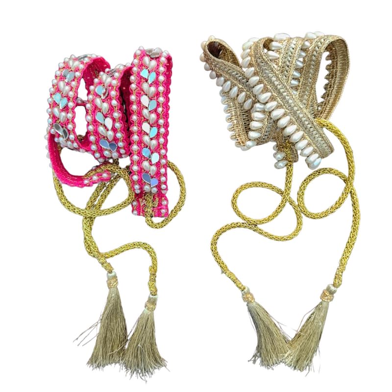 Set of 2 Belts for Women | Dark Pink Mirror & Moti Work Belt + White Beads Belt | For Sarees, Lehengas, Suits and Frocks-image-43