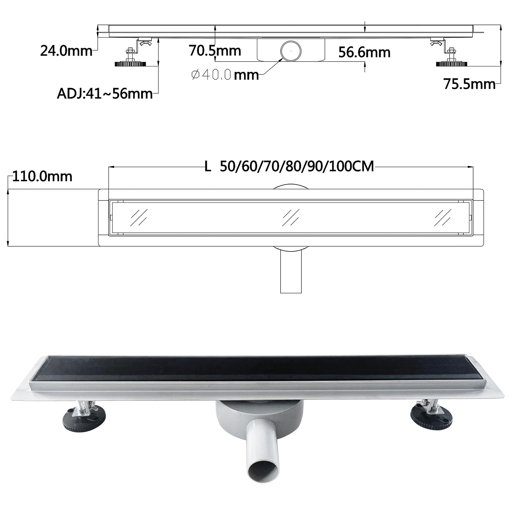 DUKA Caniveau de douche L.80 cm verre noir inox avec siphon 360°, drainage performant