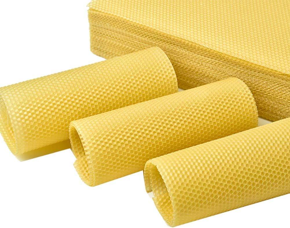 Renococo 50PCS Natural Beeswax Sheets with Honeycomb Texture, 100% Pure Nature Professional Bee's Wax Coated Deep Bee Nest Foundation，Honeybee Wax Flake Beekeeping Tool for Beekeepers (Yellow)