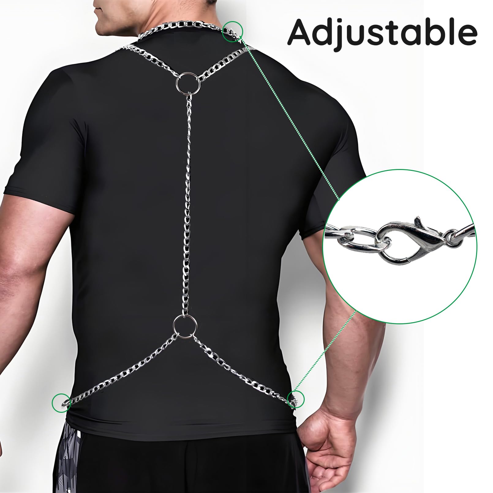 Pettorina regolabile in argento da uomo, con catena in metallo, costume punk per spettacoli muscolari, abbigliamento alla moda per cosplay, spettacoli teatrali, feste notturne, festival