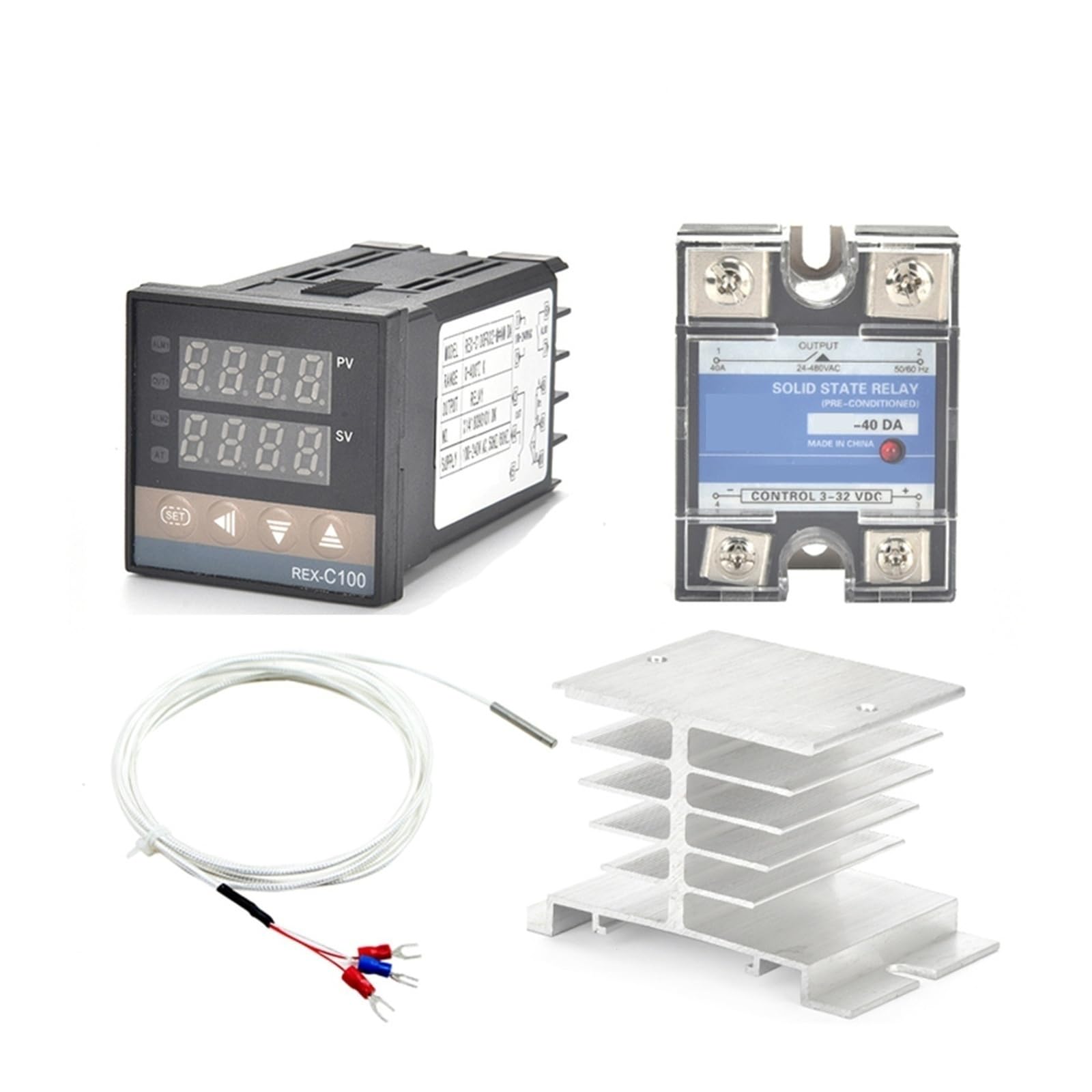 REX-C100 PID Temperature Controller, PT100 Input, SSR Output, 40DA Relay, Aluminum Radiator & 1M Cable(Set 4 PT100)