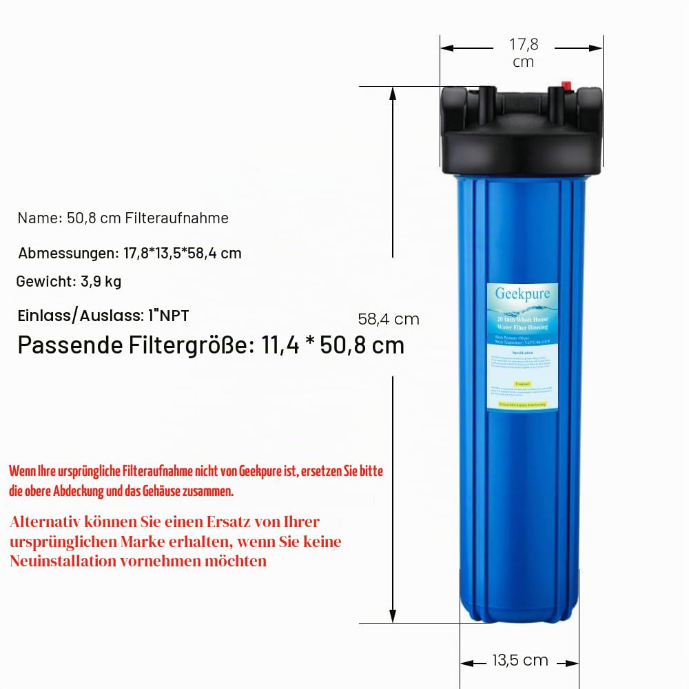 Geekpure 20-Zoll Großes Wasserfiltergehäuse 1-Zoll BSP Auslass/Einlass mit Schraubenschlüssel und Halterung- 4,5 Zoll x 20 Zoll-blau Farbe (1)