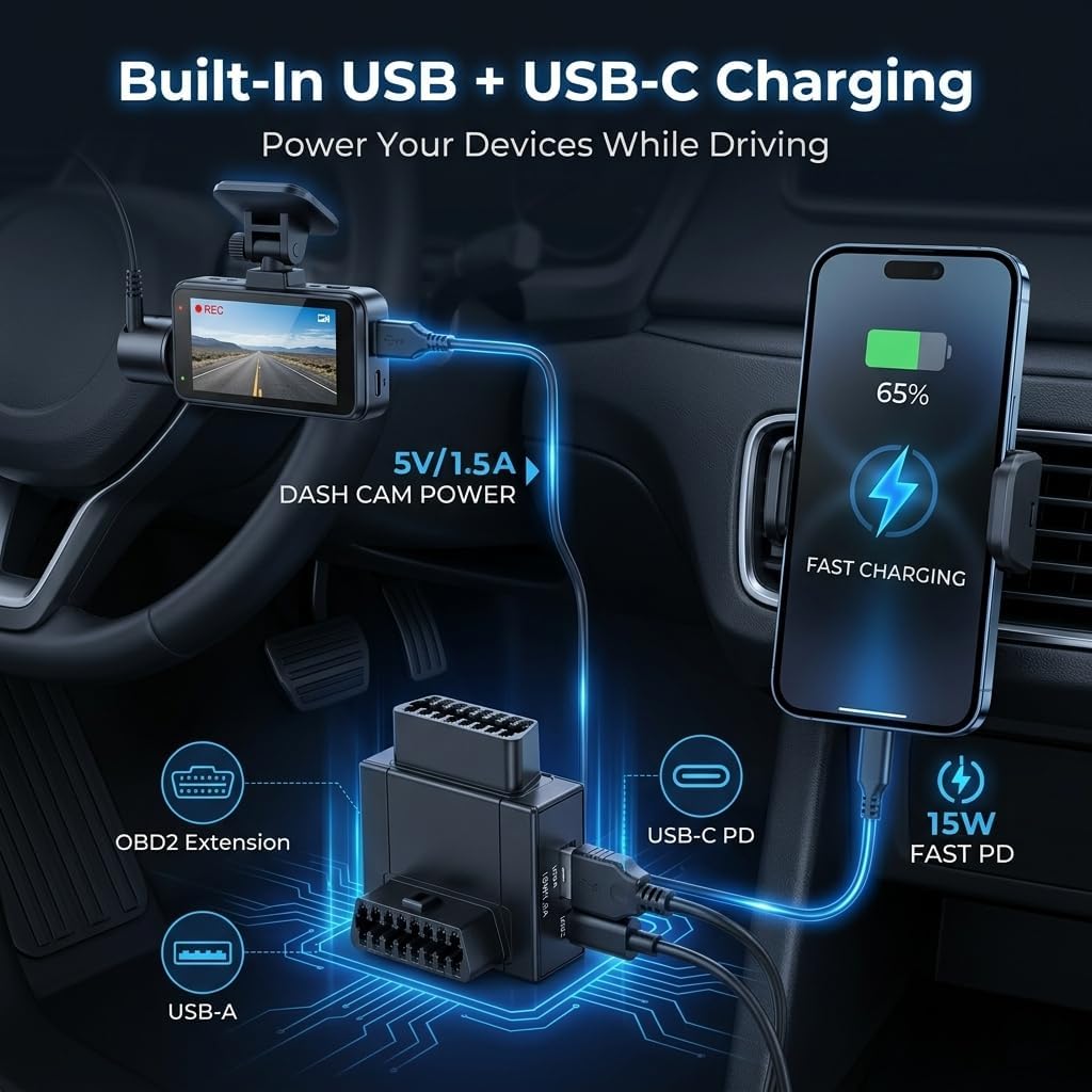 iKKEGOL OBD2 Splitter Adapter, OBD II 16 Pin 1 Male to 2 Female Extension Cable with USB & USB-C Charging Ports, OBD2 Y Splitter 2 Way Dual Converter for Diagnostic Scanner Dash Cam (Top Widest)