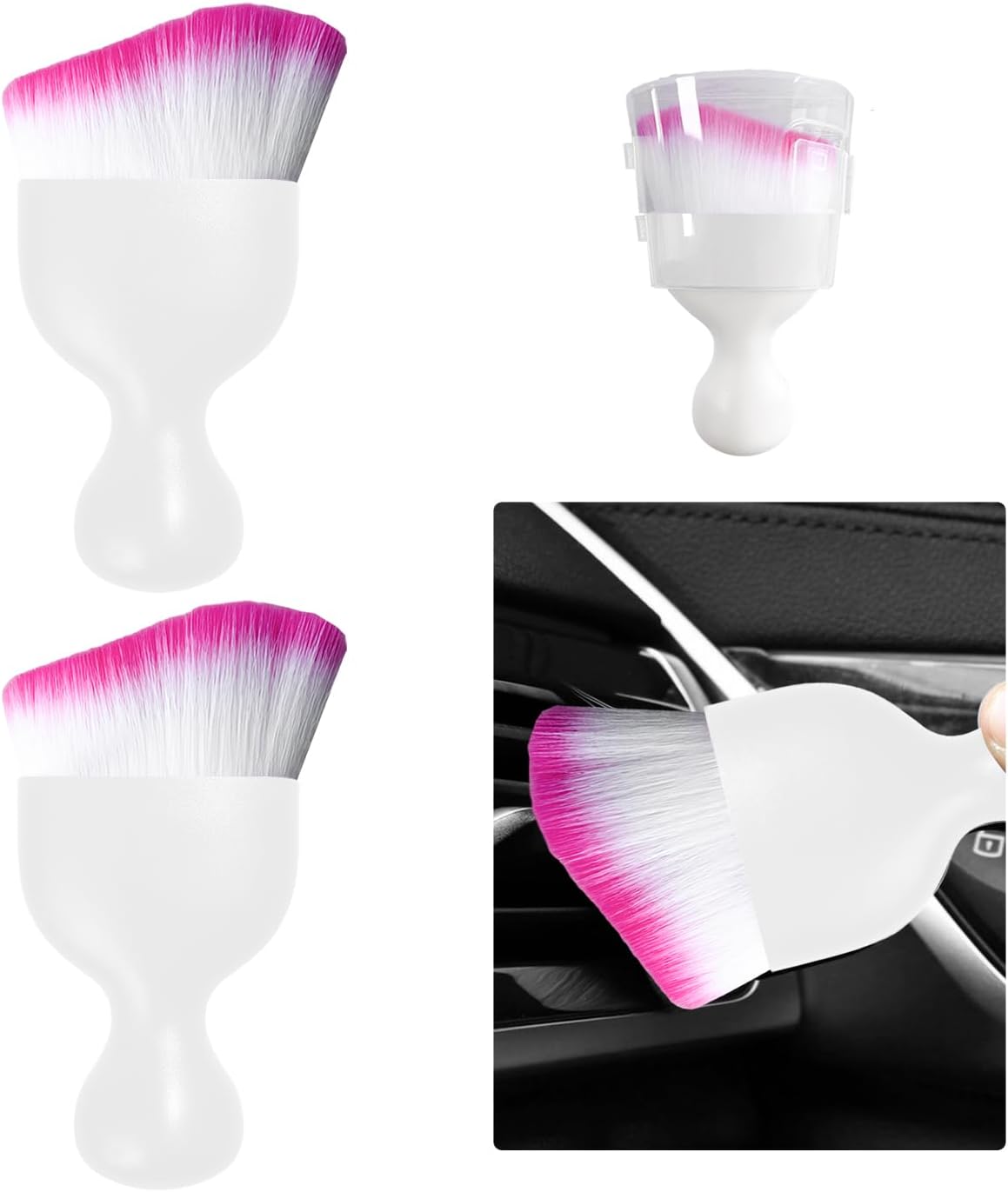 Ziciner 2 PCS Car Detailing Brush, Curved Soft Bristles Auto Removal Dust Collectors, Universal Vehicle Dashboard, Air Conditioner Vents etc Interior Cleaning Tool Accessories (White/White/Red)