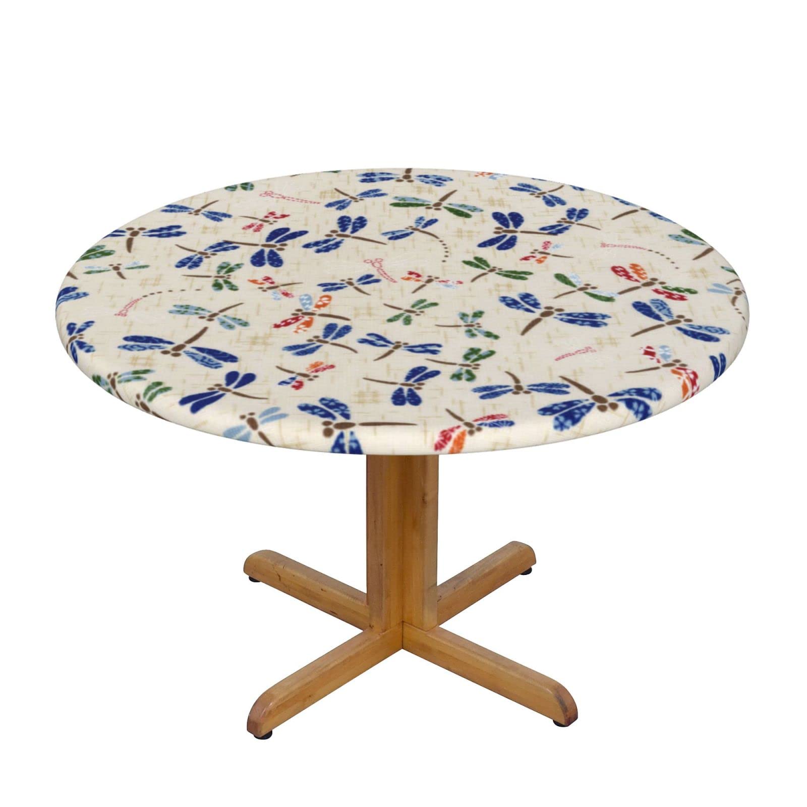Lsjuee Round Fitted Tablecloth 45-50in Elastic Edged Table Cloth for Kitchen Dining Party Home Decor - Vintage Dragonfly Cute Beige