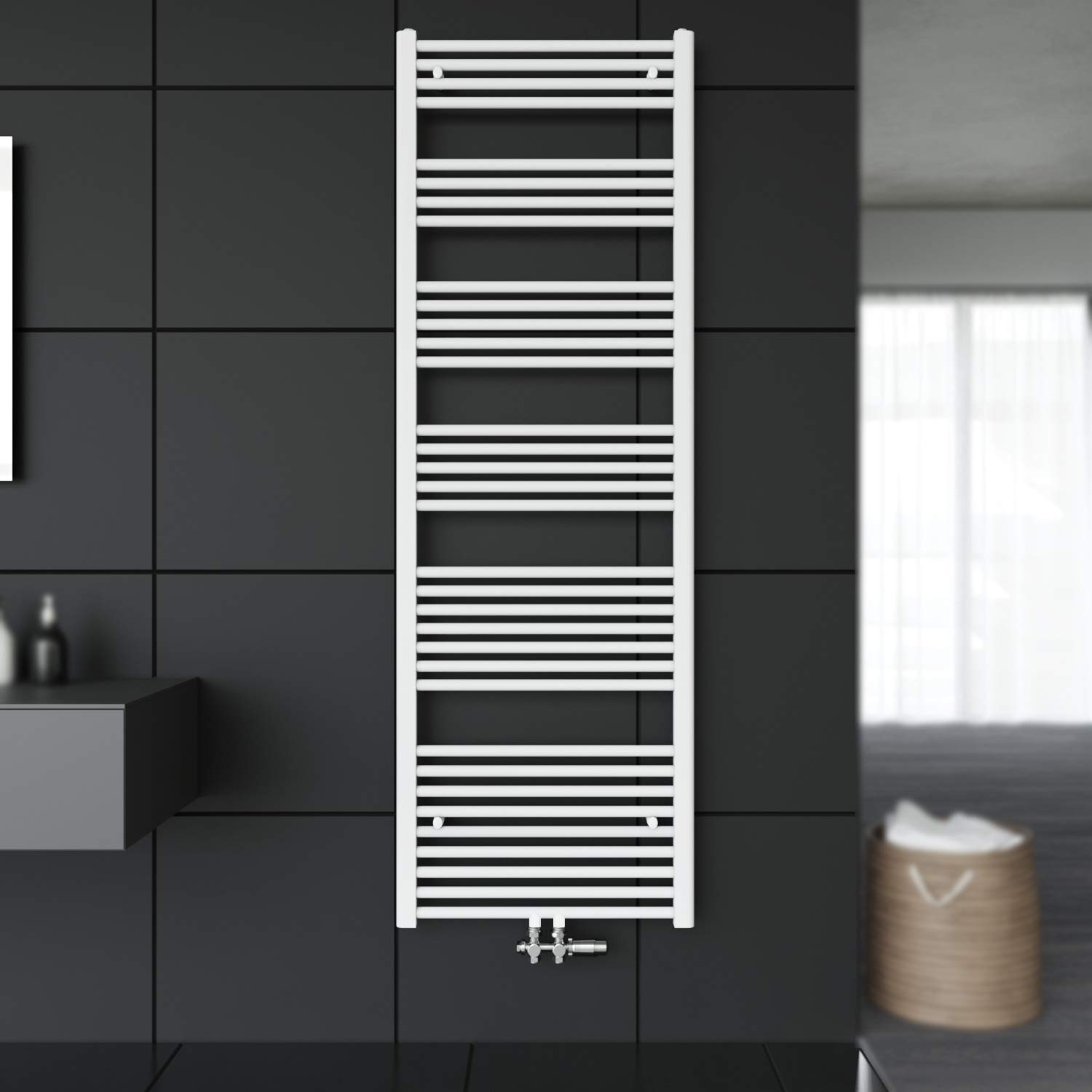 SONNI Grzejnik łazienkowy, 1800 x 600 mm, suszarka na ręczniki, biała, 821 W, designerska, ogrzewanie, przyłącze środkowe z białym termostatem multiblokowym