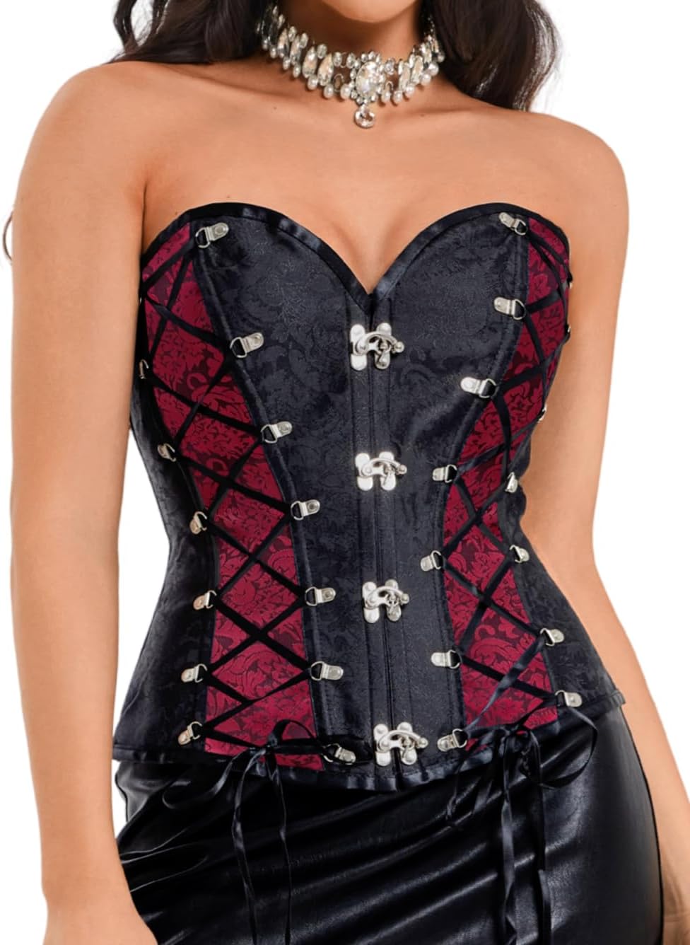 ChiaoLezhee Women's Steampunk Gothic Corset, Vintage Jacquard Lace-Up Bustier with Metal Clasps
