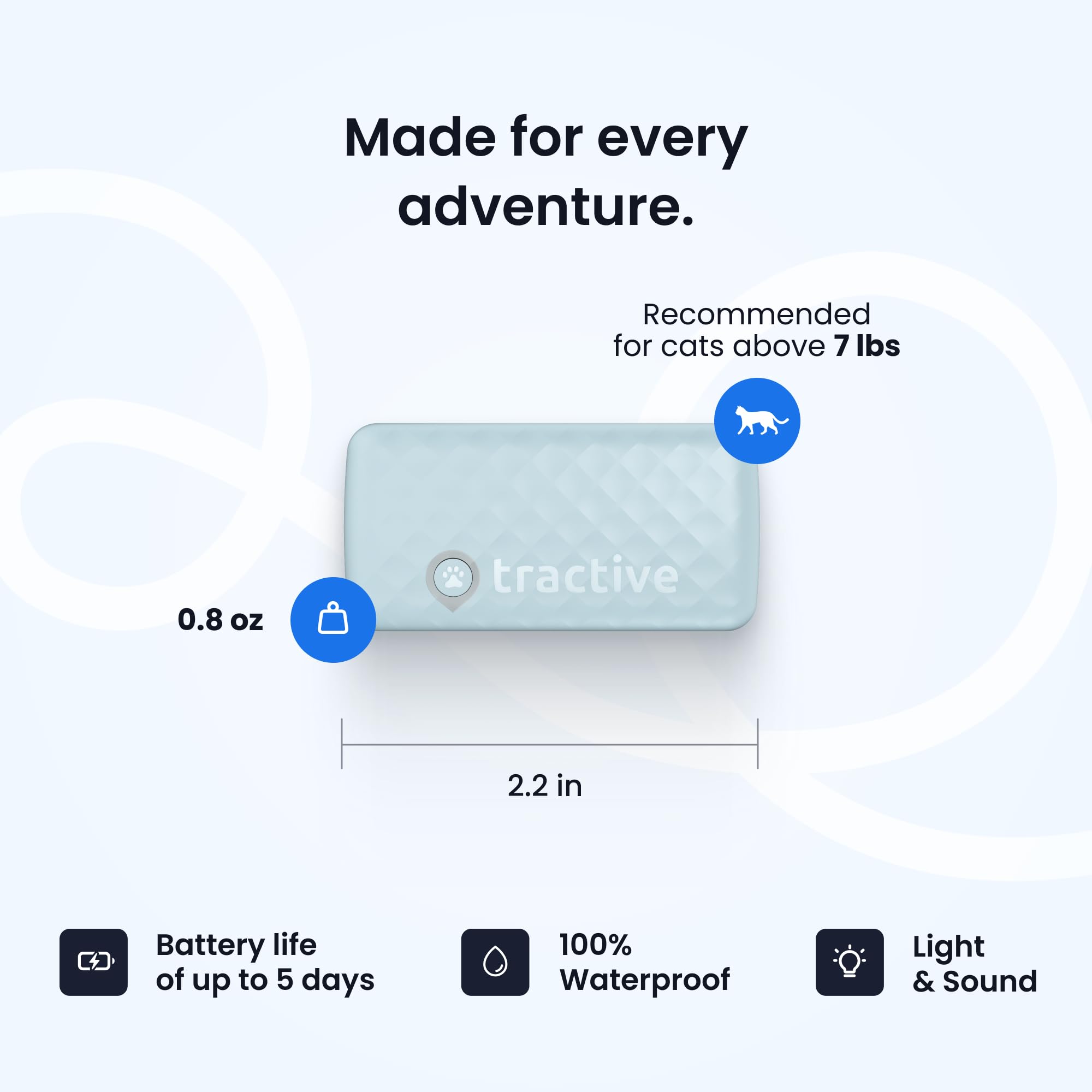 Tractive Localizzatore GPS e monitoraggio della salute per gatti (2,9 kg+) - Localizzatore di posizione GPS per animali domestici leader del mercato | Avvisi di benessere e fuga | Impermeabile |